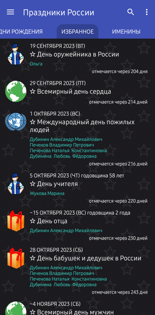 Окно с вкладкой "Избранное" мобильного приложения "Праздники России"